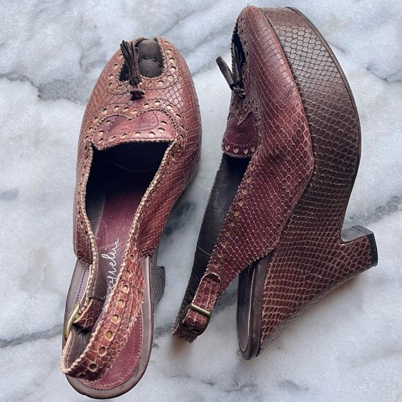 Vintage Henry Beguelin brown snakeskin leather sling back platforms - Picture 3 of 11
